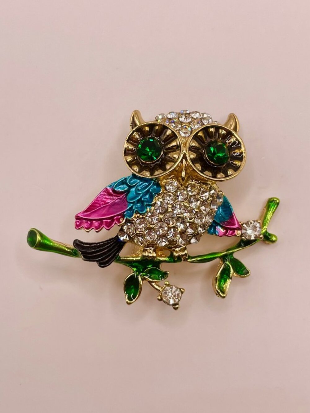 Crystal-Encrusted Owl Brooch Pin Colorful Enamel & Rhinestone Accents -76B